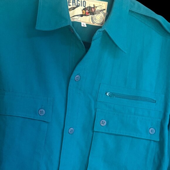 NWOT Y2K MENS GORPCORE GREEN BUTTON DOWN LONG SLEEVE UTILITY SHIRT EPAULETTES - Picture 6 of 8